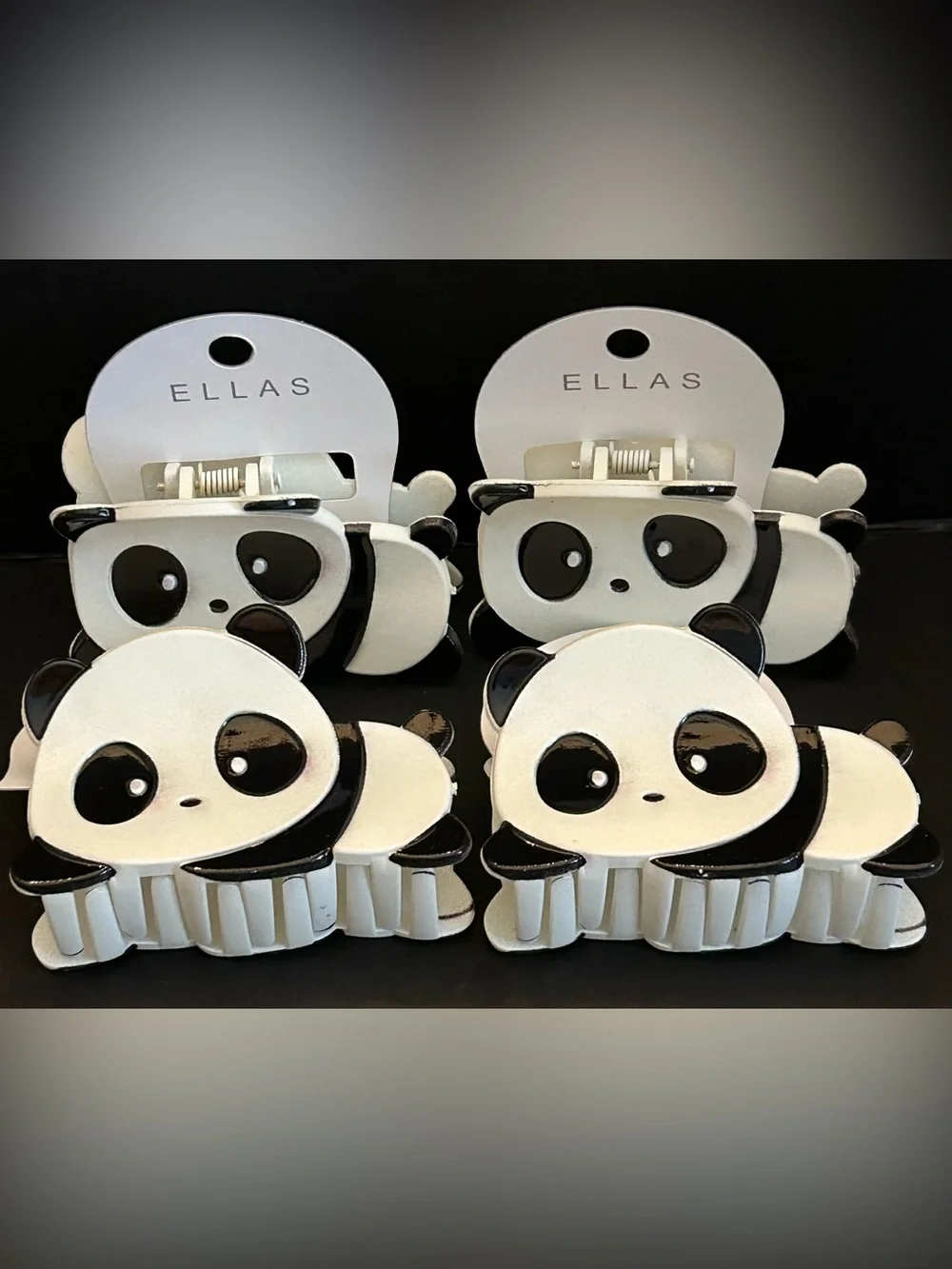 Ellas White & Black Panda Hair Claw Clips Set of Four for Kids or Adults